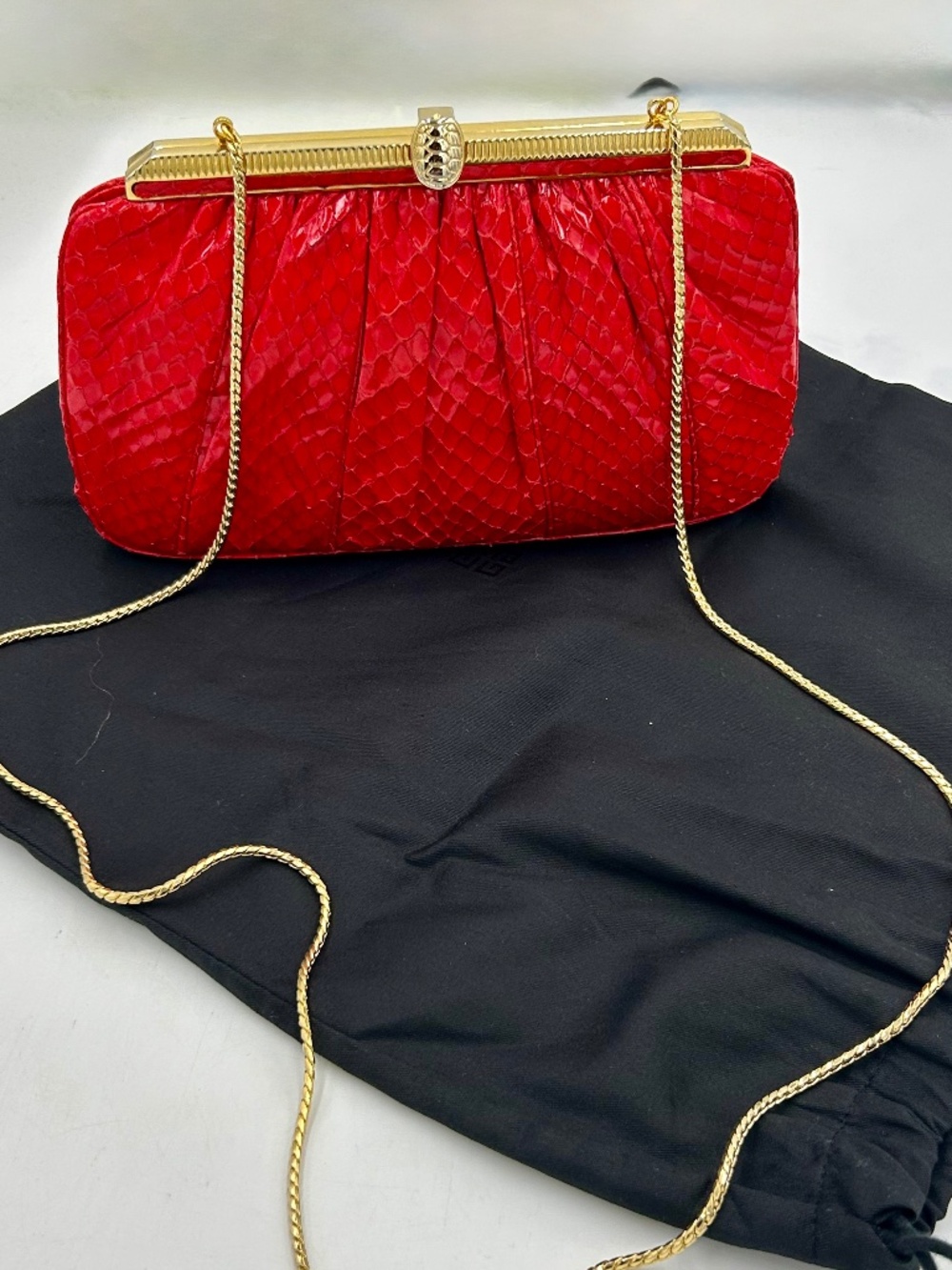 Judith Lieber Red Karung Snakeskin Evening Bag.  PRISTINE CONDITION